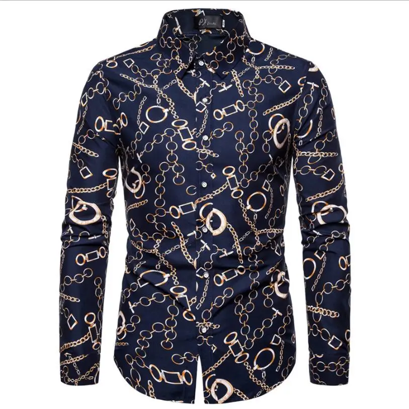 

Рубашка мужская приталенная с длинным рукавом, повседневная с принтом цепей, в стиле High Street, Размер 5XL, весна-осень