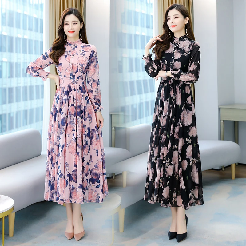 

Women Maxi Floral Chiffon Dress Summer 2022 Boho Retro Elegant Casual Party Vacation Fairy Runway Long Sleeve Vestido Korean New