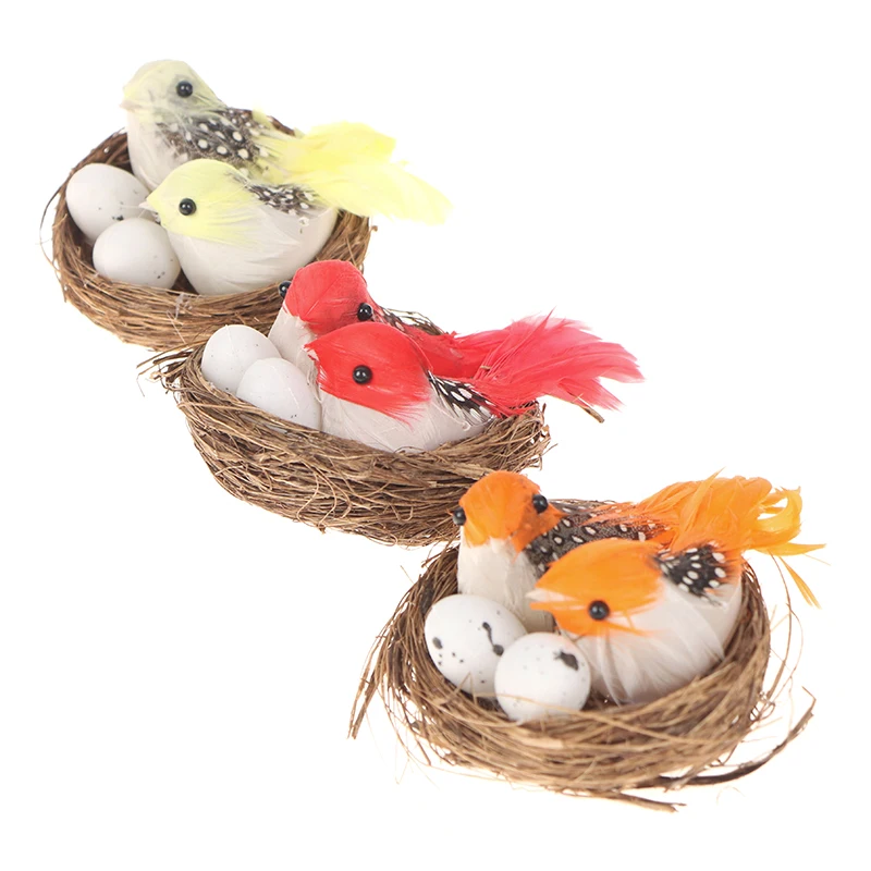 1 Set Artificial Feathered Birds & Nest & Egg Creative Craft Birds Sculpture Lawn Arts Ornaments Home Garden Lawn Decoration