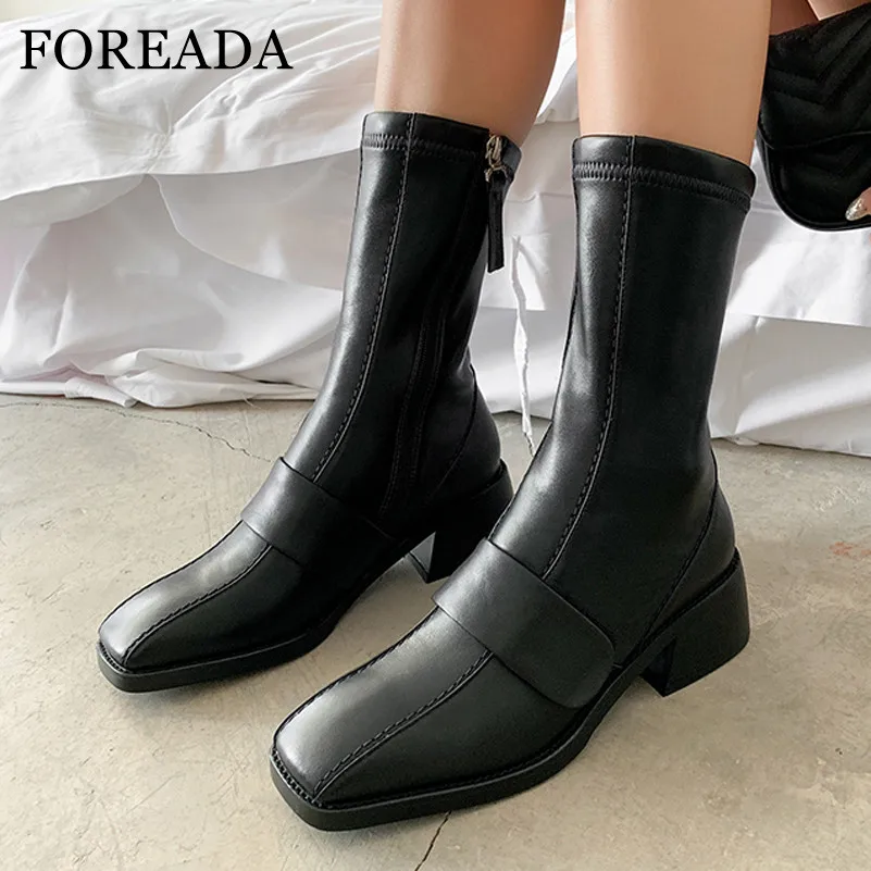 Женские ботинки до середины икры на среднем каблуке из натуральной кожи|Сапоги