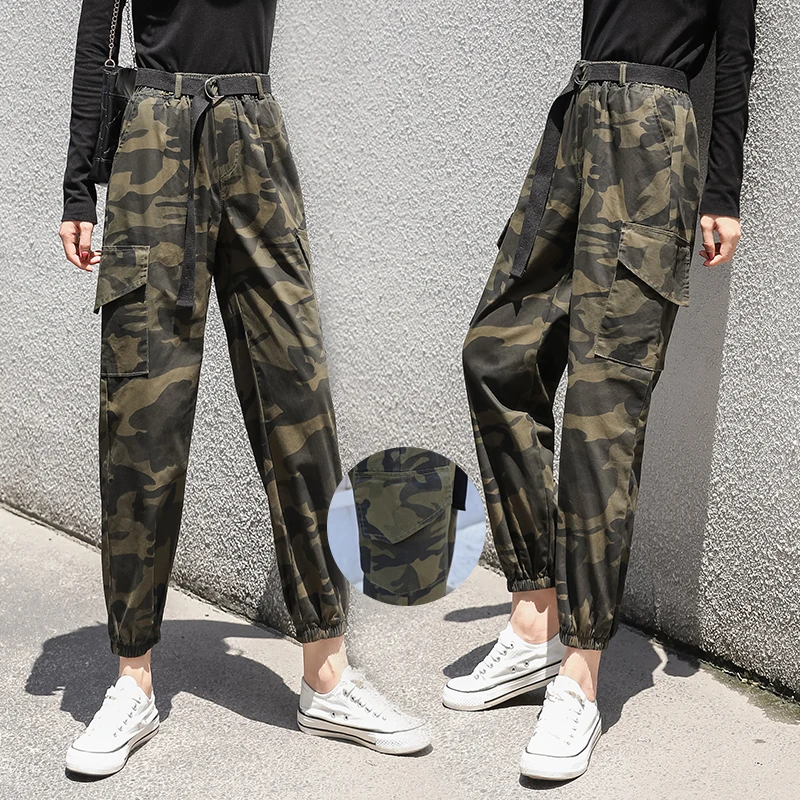 Женские студенческие Длинные свободные камуфляжные брюки с высокой талией
