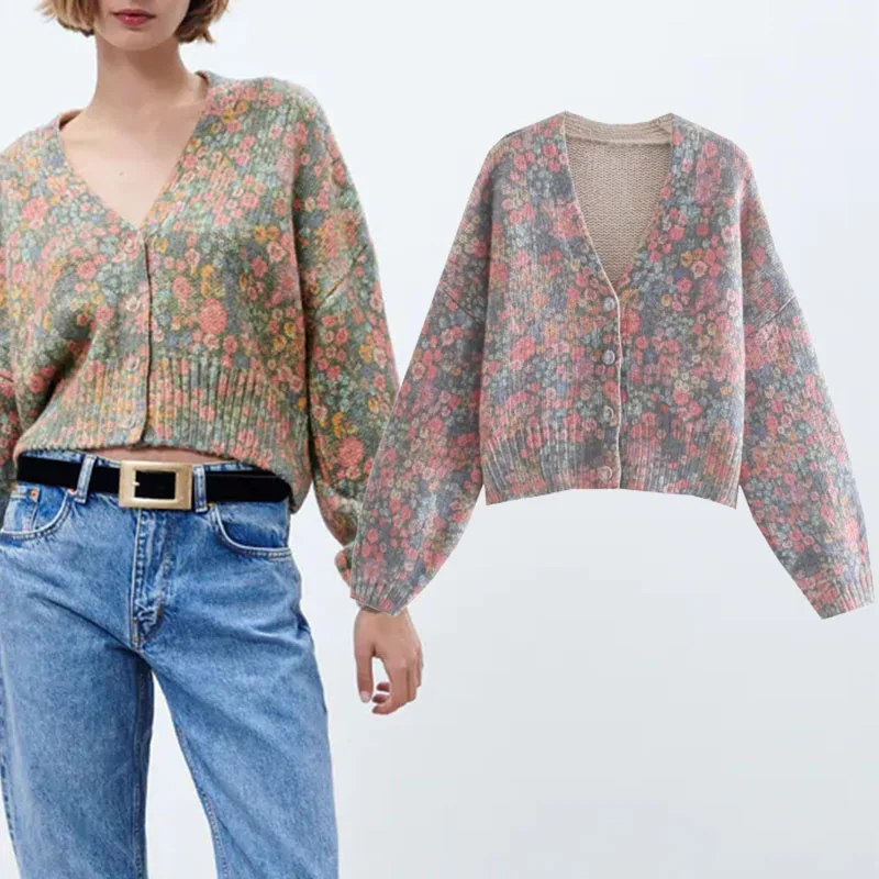 

Xypskh Za Women Autumn New Fashion Jacquard Knit Cardigan Sweater Vintage V-neck Long Sleeve Loose Female Outerwear Chic Tops