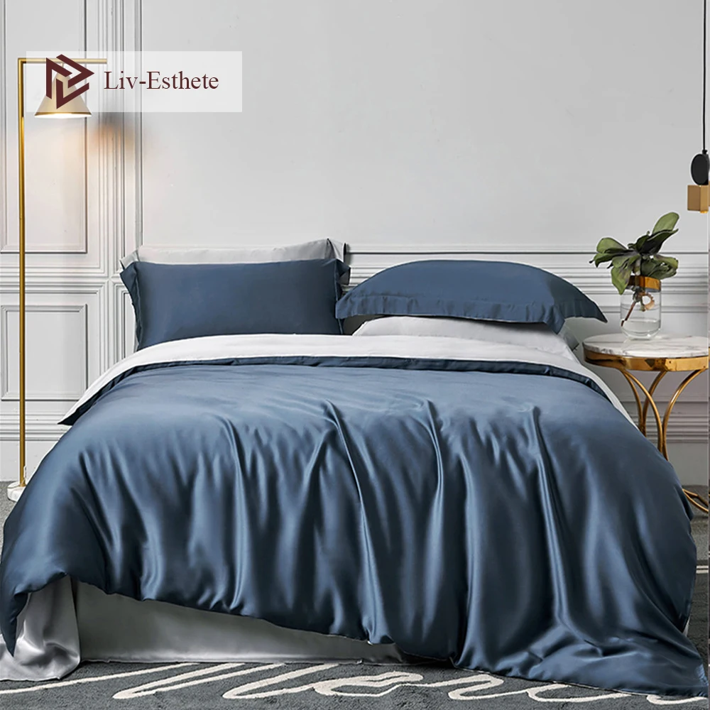 

Liv-Esthete 100% Silk Blue Gray Bedding Set 25 Momme Queen King Duvet Cover Bed Sheet Fitted Sheet Pillowcace For Beauty Sleep