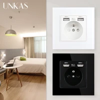 unkas french standard wall power socket dual usb plug charger ac110v 250v 16a tempered crystal glass plastic panel outlet