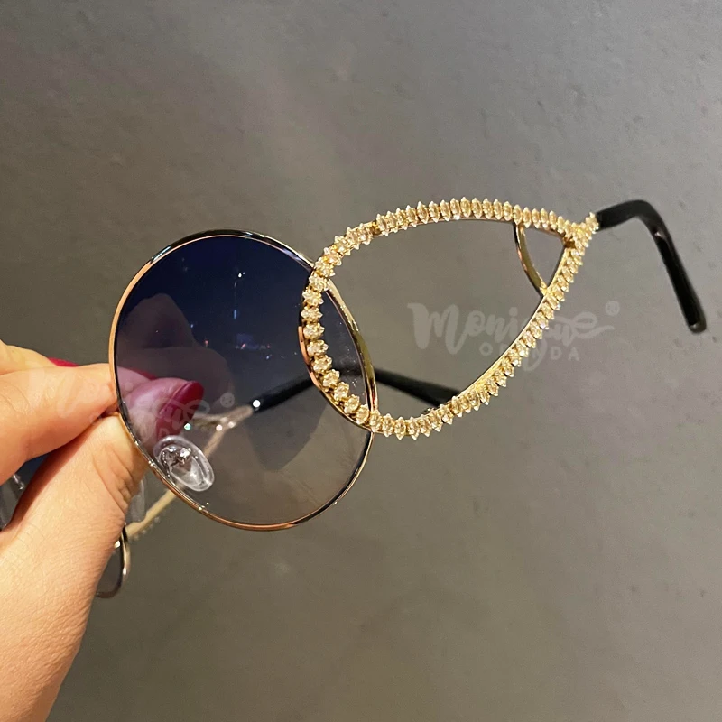 

Роскошные круглые солнцезащитные очки Стразы женские 2021 брендовые дизайнерские прозрачные линзы веки Винтажные Солнцезащитные очки мужск...