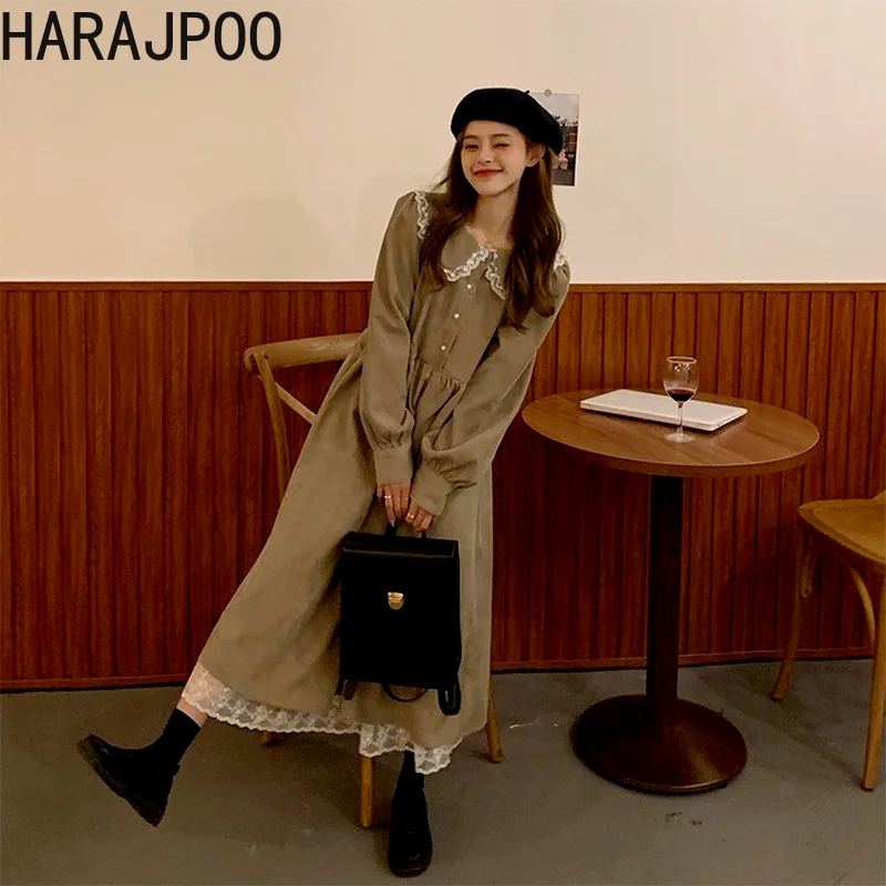 

Harajpoo Women Dress Lace Corduroy Clothes Spring Autumn Korean Waist Y2k Temperament ThinJapanese Girl Long Sleeve Vestido