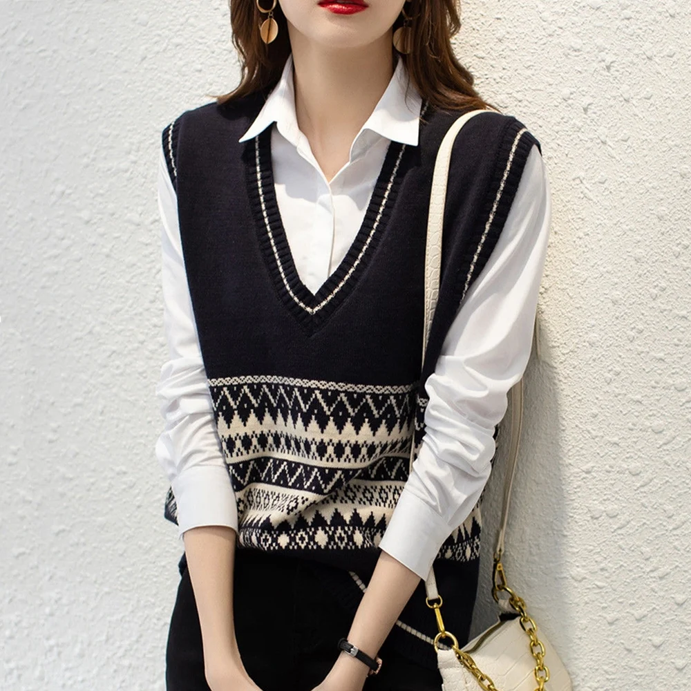 

Женский вязаный жилет с V-образным вырезом, Свободный пуловер без рукавов с геометрическим узором в стиле пэчворк, корейский стиль, осень 2021