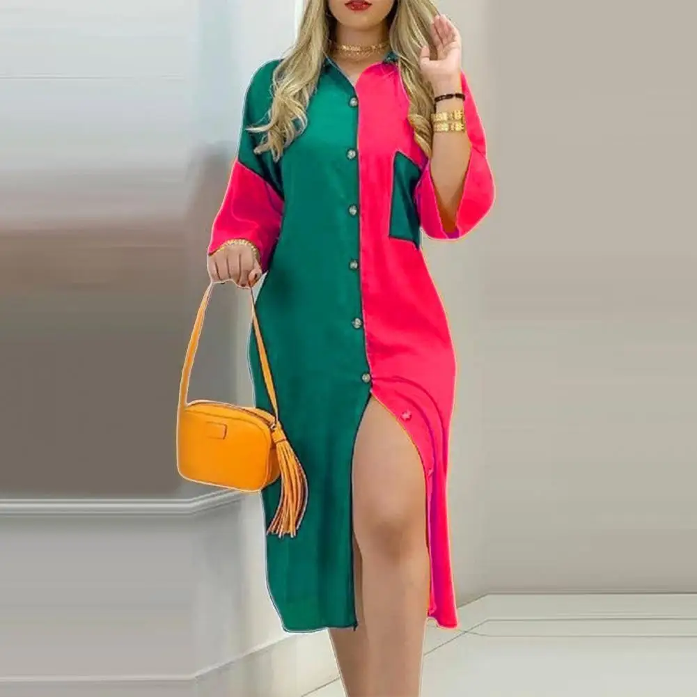 

Женское однобортное платье с отложным воротником, с длинным рукавом и цветочным принтом