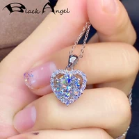 black angel romantic heart shaped pendant white zircon gemstone cz 925 sterling silver necklace for women jewelry clavicle chain