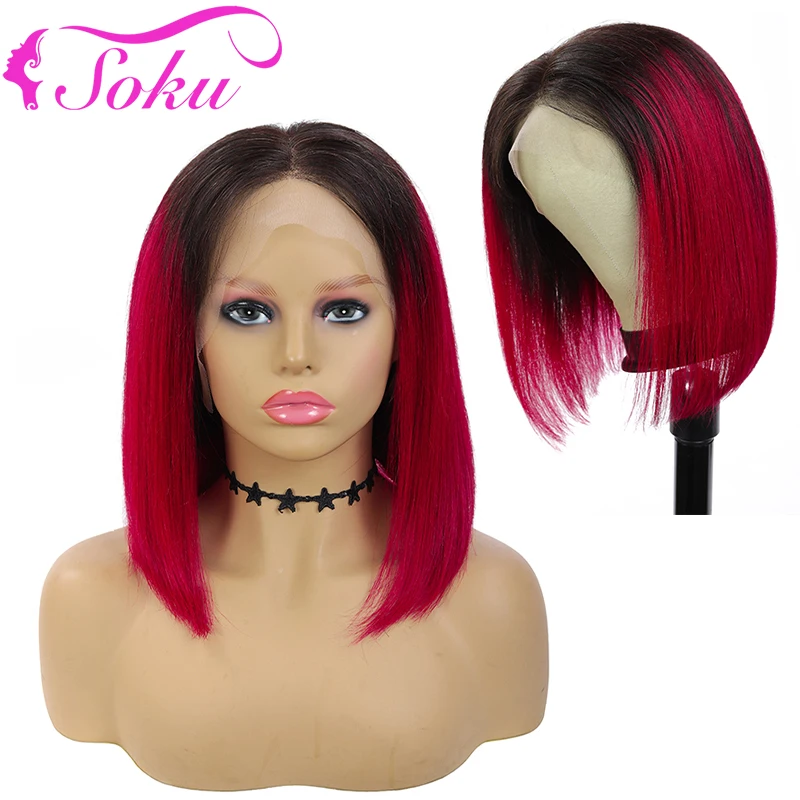13x4 Lace Front Human Hair Wigs Ombre 99J/Burgundy RedWine Short Bob Wig For Women Brazilian Straight 150% SOKU|Парик из