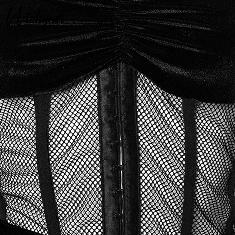 Wishyear Sexy Black Velvet Mesh Sheer Corset Top and Mini Skirts Two Piece Set for Women Dresses Summer Birthday Club Outfits