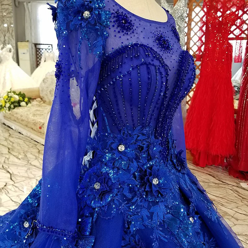 LS3111 синие кружева 3d цветы вечернее платье длинный рукав o образным вырезом назад a