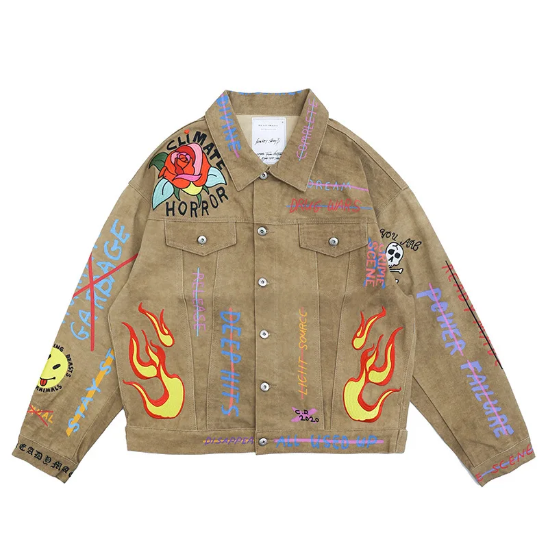 

Fgss men's clothing - autumn and winter 2020 new fashion brand flame Rose Skull embroidery graffiti denim jacket for men