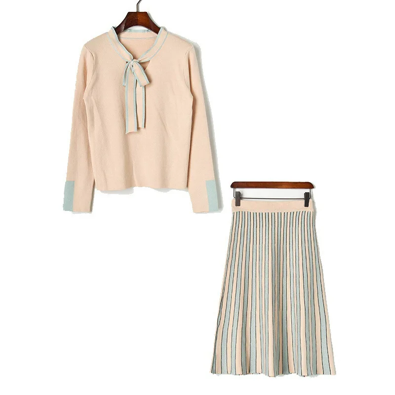 Женский вязаный свитер на шнуровке с бантом Полосатая юбка костюм из двух частей