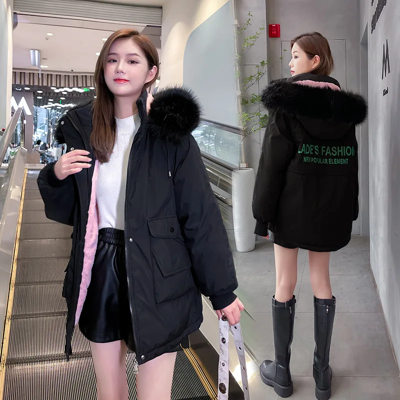 

Autumn Winter 2021 Women's Coat Mid-length Plus Velvet Warm Parkas Women Clothing Slim Plus Size Cotton Jacket Ladies Fur Collar