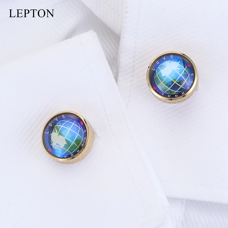 Hot Globe Earth Cufflinks Gold Colors Lepton Stainless steel Rotatable globe planet earth World Map Cuff links Wedding For Mens