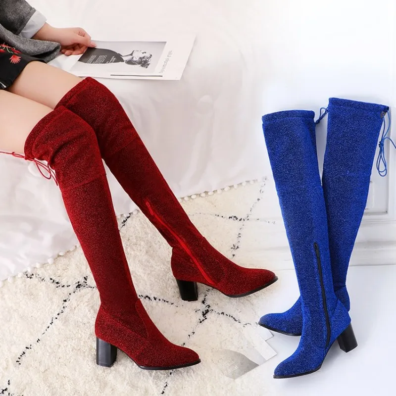 US4-11 женские сапоги выше колена с острым носком украшенные блестками на массивном