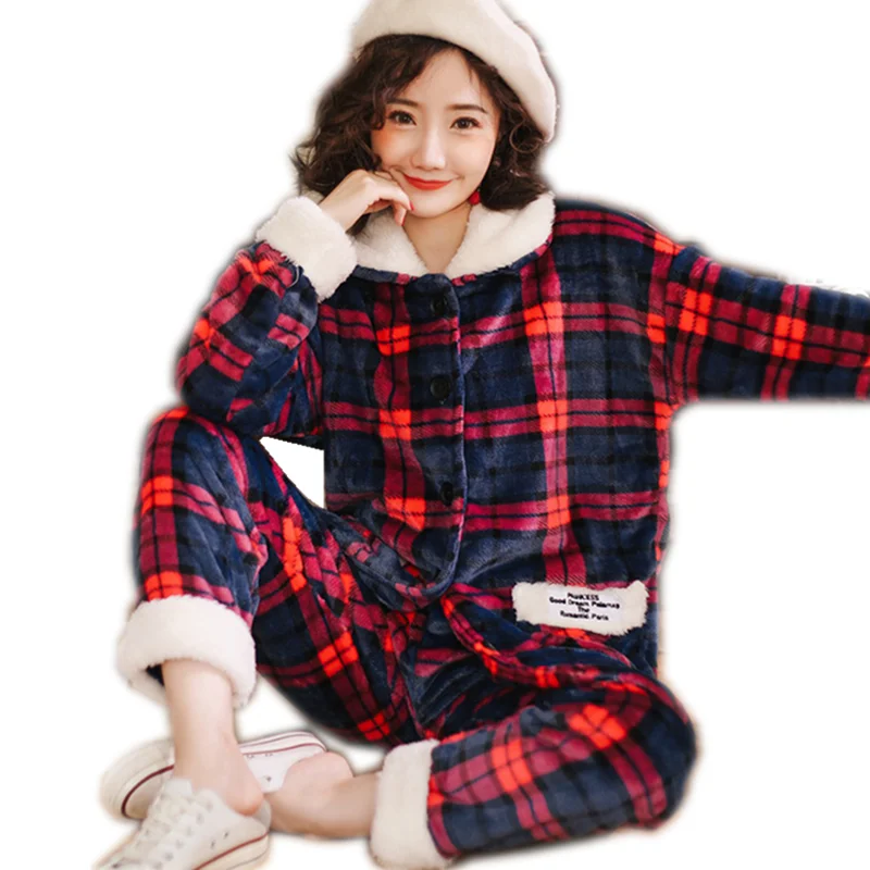 

BZEL New Winter Pajamas Set Casual Plaid Home Suit Warm Flannel Sleepwear Thick Comfortable Pijama Mujer Fashion Cute Loungewear