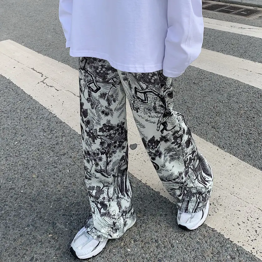 

QWEEK Harajuku Tie Dye Wide Leg Pants Women Streetwear Fashion Oversize Print Trousers 2000s Aesthetic Hippie High Waist