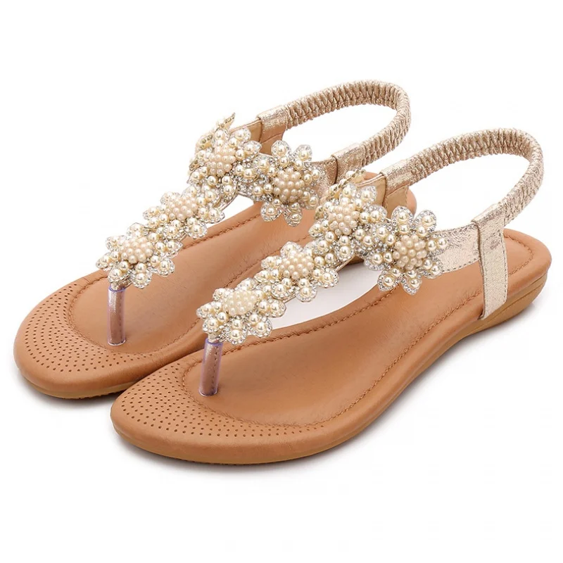 

New Pearl Bohemian Beach Sandals Women's Leather Casual Women's Trifle Retro Shoes Women's Elastic Band Beaded Sandals