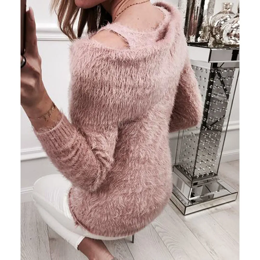 Ropa mujer invierno пуловер свитер женский однотонный пушистый свитер джемпер с открытыми плечами пуловер с длинными рукавами Топы
