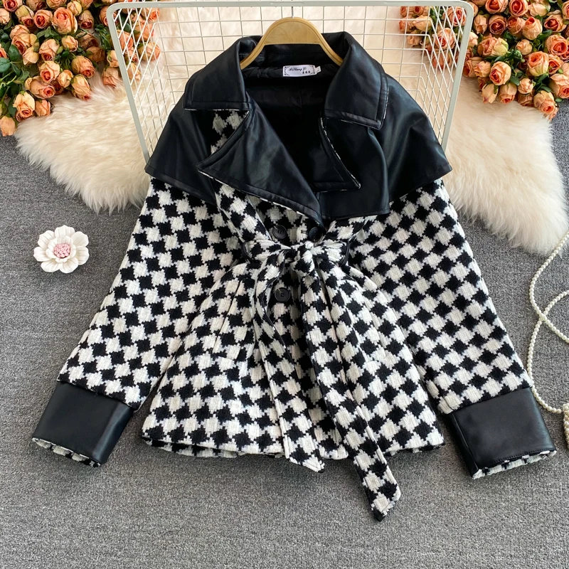 

Fall/winter Korea Women PU Blazers High Street Spliced Loose Waistband Oversize Ladies Outwear Long Sleeves Motorcycles Jackets