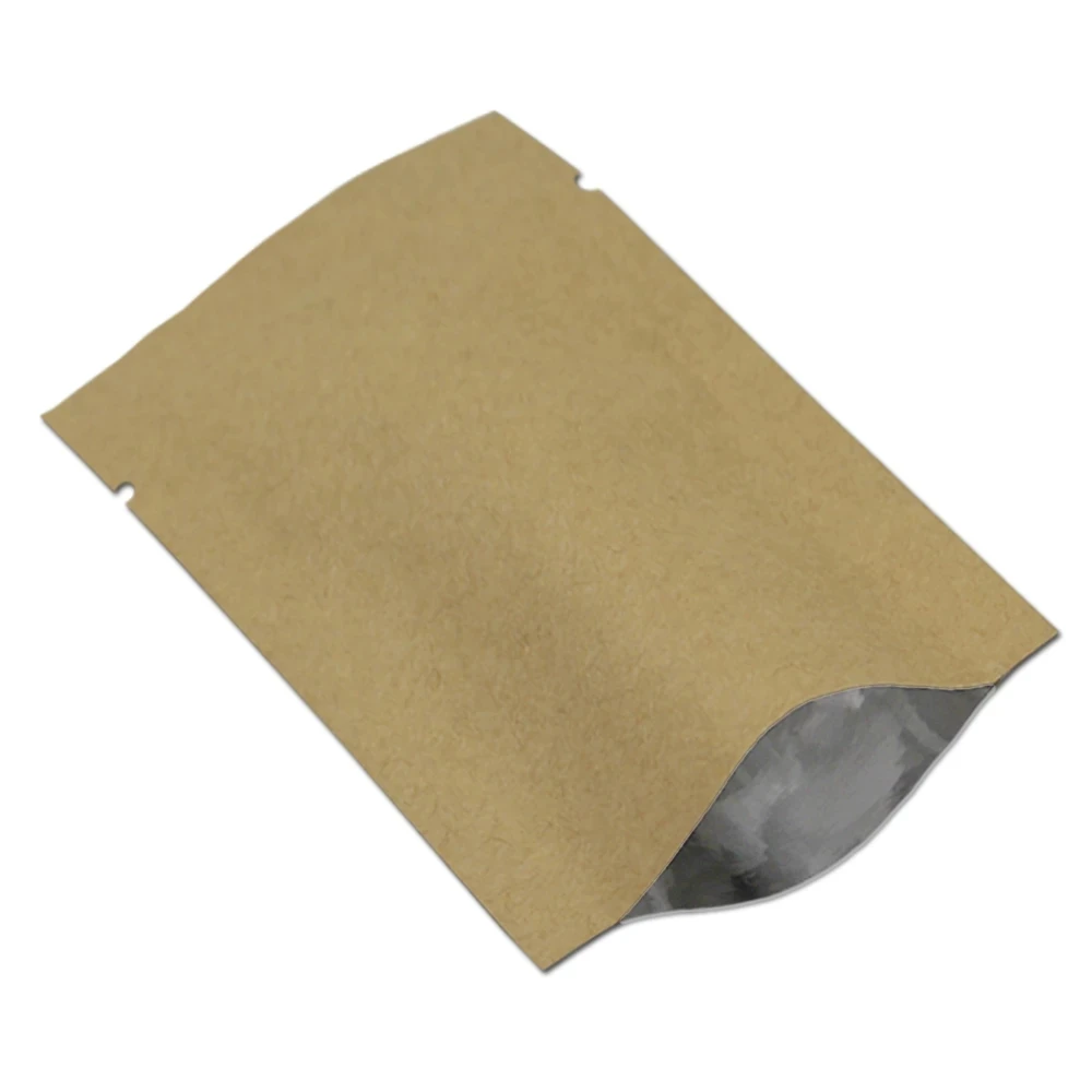 

50Pcs Open Top Kraft Paper Aluminum Foil Heat Sealing Tear Notch Recyclable Packaging Bag Candy Nuts Retail Food Storage Bags