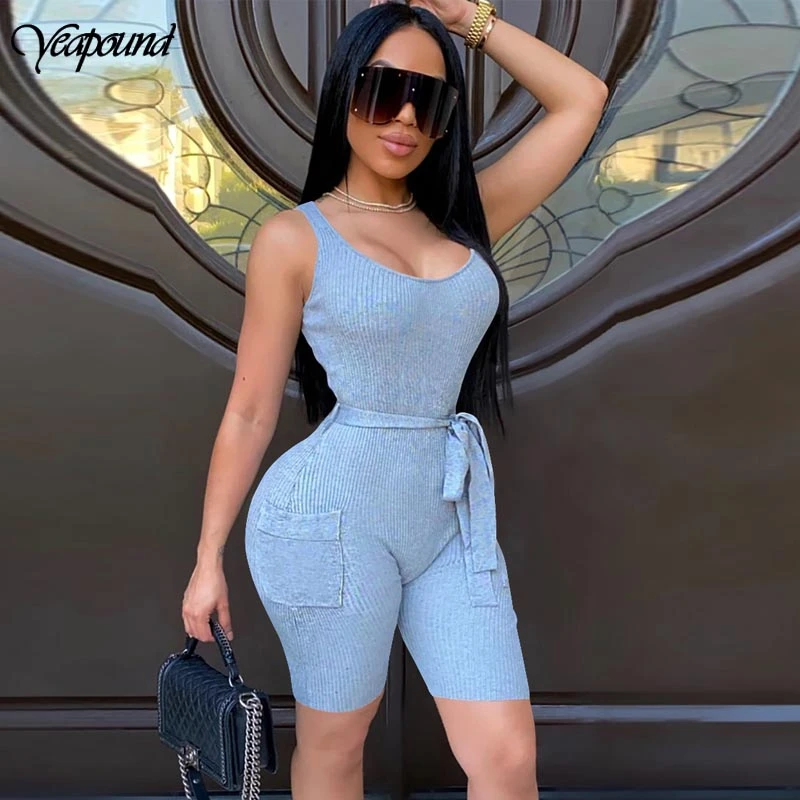 

Knitted Sport Jumpsuits Summer Women Sexy Jumpsuit Streetwear Sleeveless Bodycon Solid Romper With Belt Neon Overalls For Women