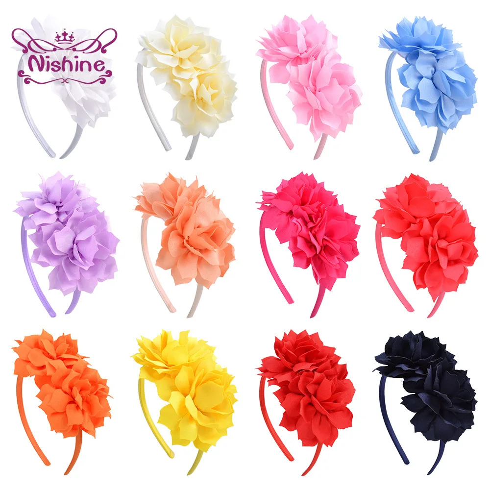 

Nishine Solid Color Double Flowers Toddler Hair Hoop Fashion Handmade Floral Elastic Hairband Baby Headwear Photography Props