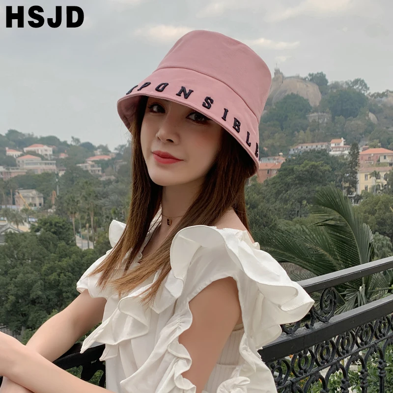 New Korean Fashion Letter Embroidered Flat Top Buckets Hat Summer Women Panama Fisherman Hat Wide Brim Foldable Outdoor Sun Caps