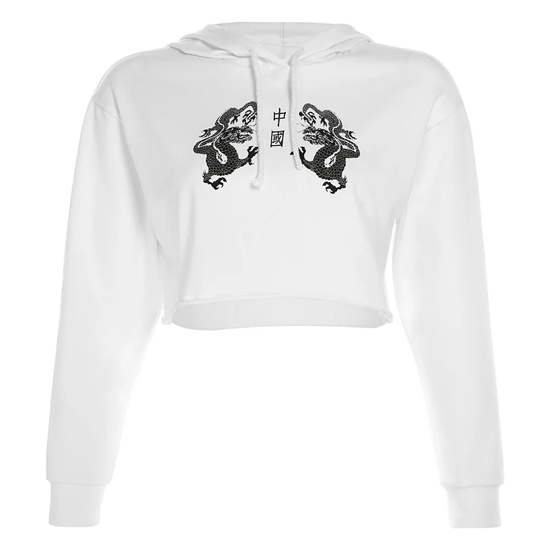 Dragon Printed Rockmore белый китайский персонаж Дракон печати толстовки с капюшоном Женская толстовка размера плюс уличная укороченные толстовки осень Femme - Цвет: Dragon Printed