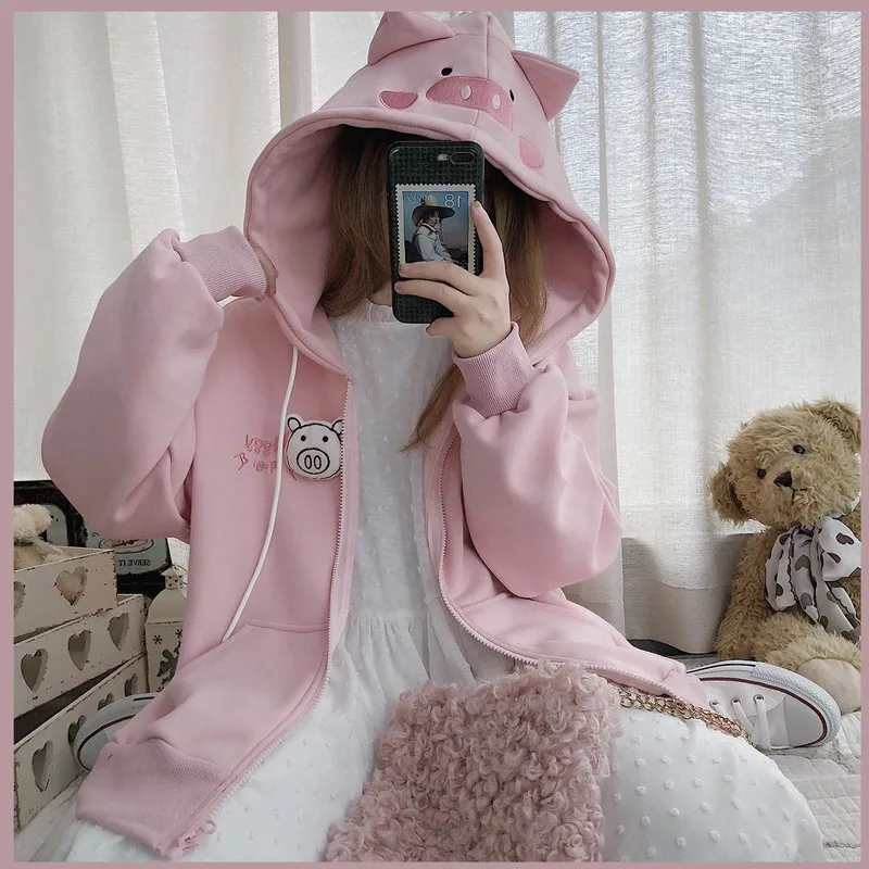 

Oversized Hoodies Cute Pig Women Winter Fashion Pink Hoodies Japanese Style Long Sleeve y2k Tops Velvet Sweatshirt Women