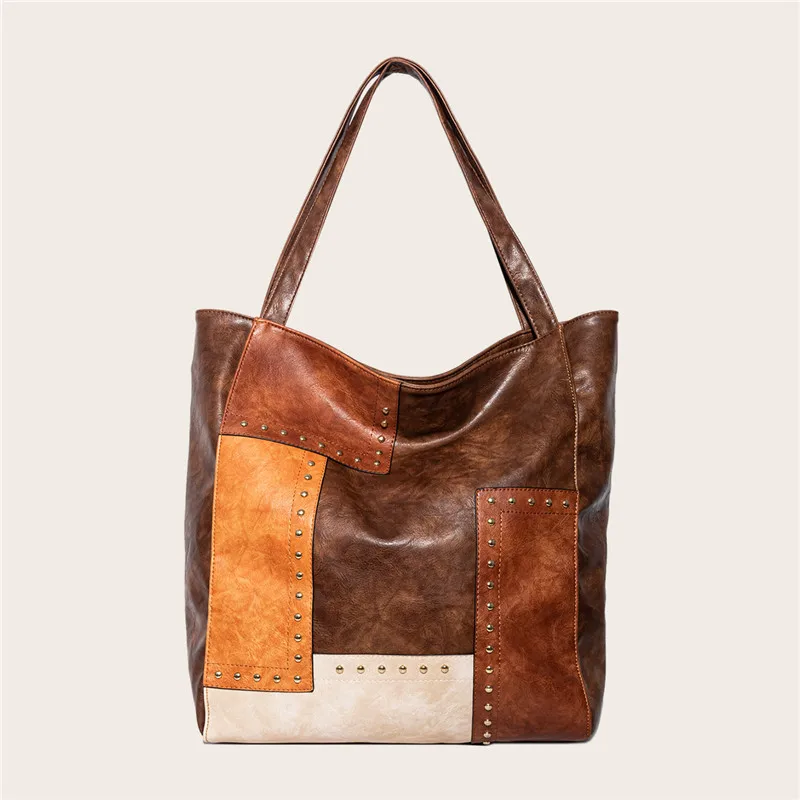 

New Retro PU Female Large-Capacity One-Shoulder Diagonal Bag Portable PU All-Match European Style Tote Bag with Rivets