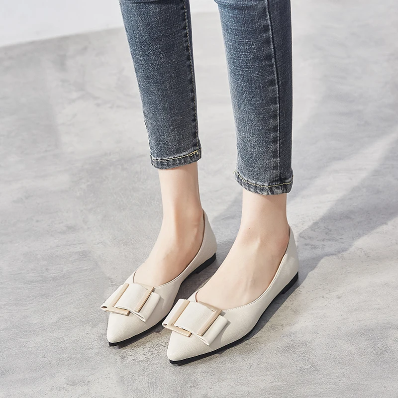 

Brief Designer Ladies Shoes 2021 Slip On Shallow Ballet Flats Women Metal Buckle Bowknot Loafers Woman Fairy Boat Ballerina Shoe