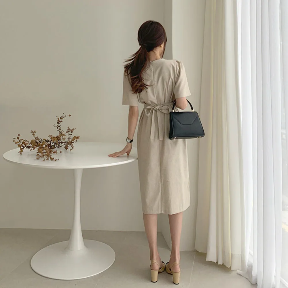 

Dress Bowknot Short Sleeve V-neck Women's Fashion Pullover Dressing Plain A-line Dresses Mid Length Women Fashion Casual Long