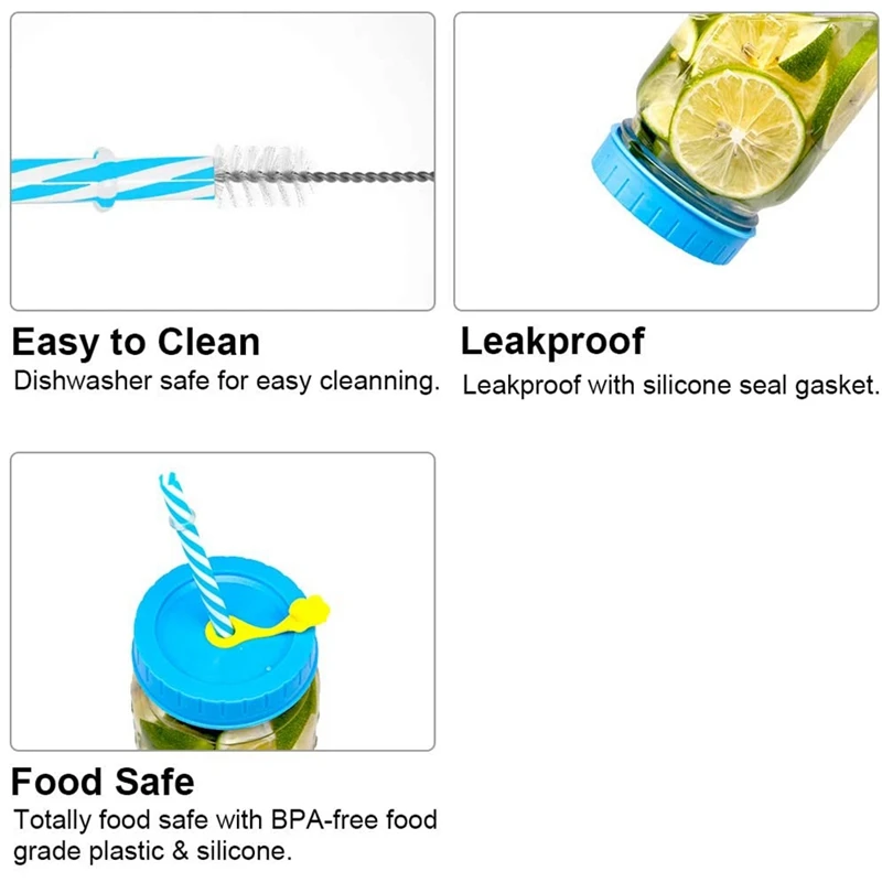 Mason Jar Lid with Straw Hole Plastic Silicone Ring Cleaning Brush Perfect for Drinking and Food Storage 26Pcs | Дом и сад