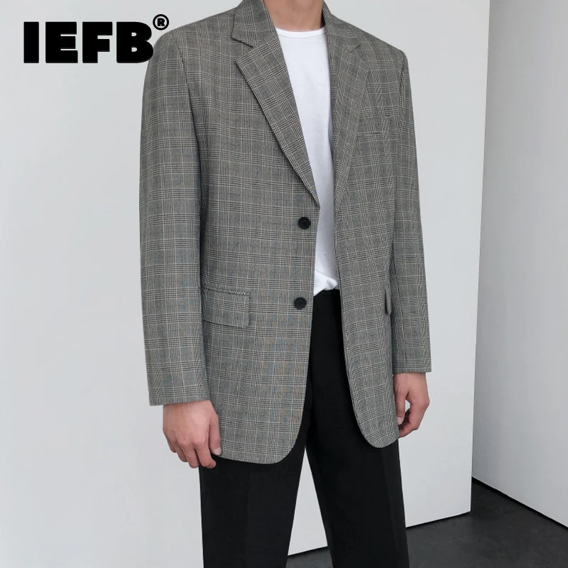 

Мужская одежда IEFB, свободный клетчатый костюм, куртка, корейская мода, красивые повседневные топы, серые однобортные блейзеры, пальто, осень...