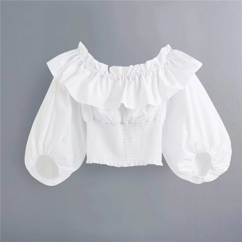 Женская винтажная короткая хлопковая блузка Белая Летняя модная Однотонная