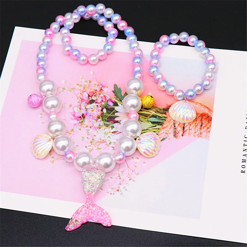 

Disney Mermaid girls Necklace Shell Girls Necklace Bracelet Ring Earring Set Girl Baby Accessories gift