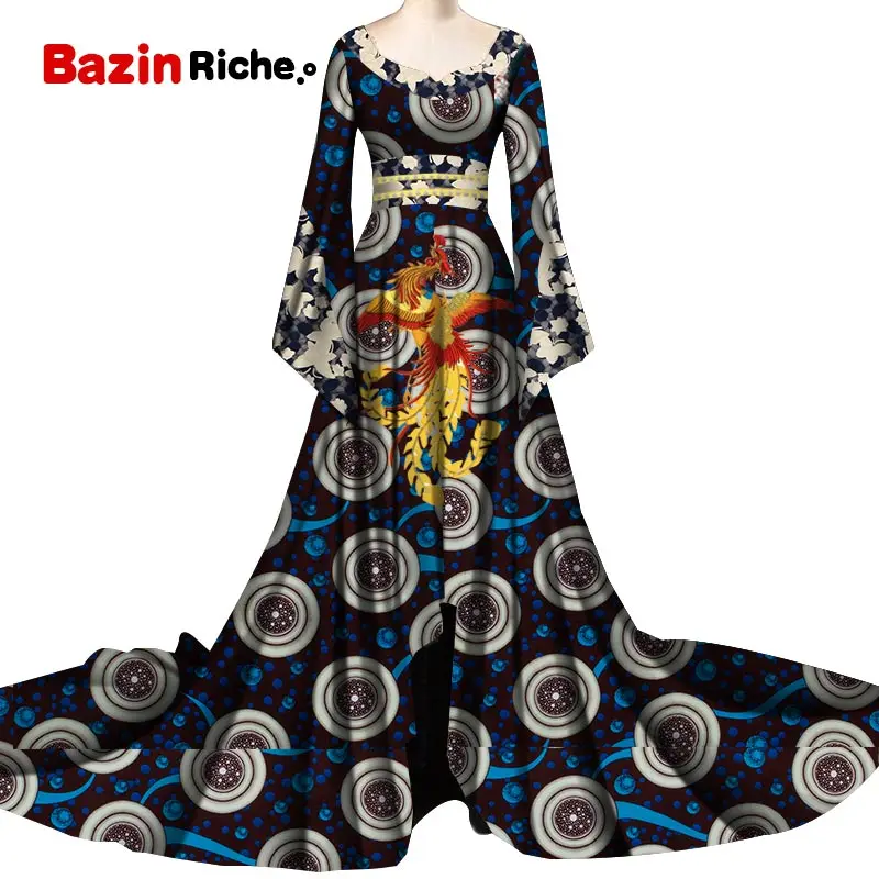 Dashiki African Print Long Dresses for Women Sexy Patchwork Lace O-neck Wedding Floor-length Dresses Bazin Riche Vestidos WY6082