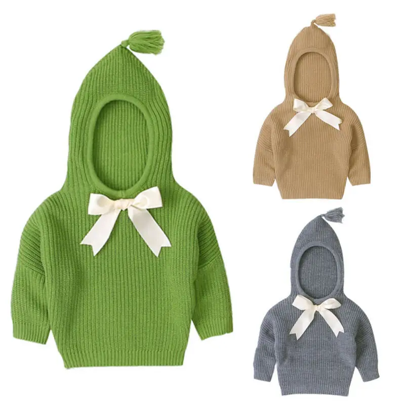 Зимняя вязаная для маленьких девочек теплый свитер с капюшоном новорожденных