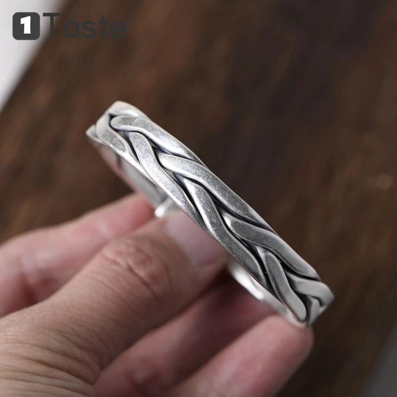 

ONE TASTE 925 Sterling Silver Men's Bangle Simple Handcraft Weave Matt Open Bangles Fine Jewelry Trendy Gift Party Unisex