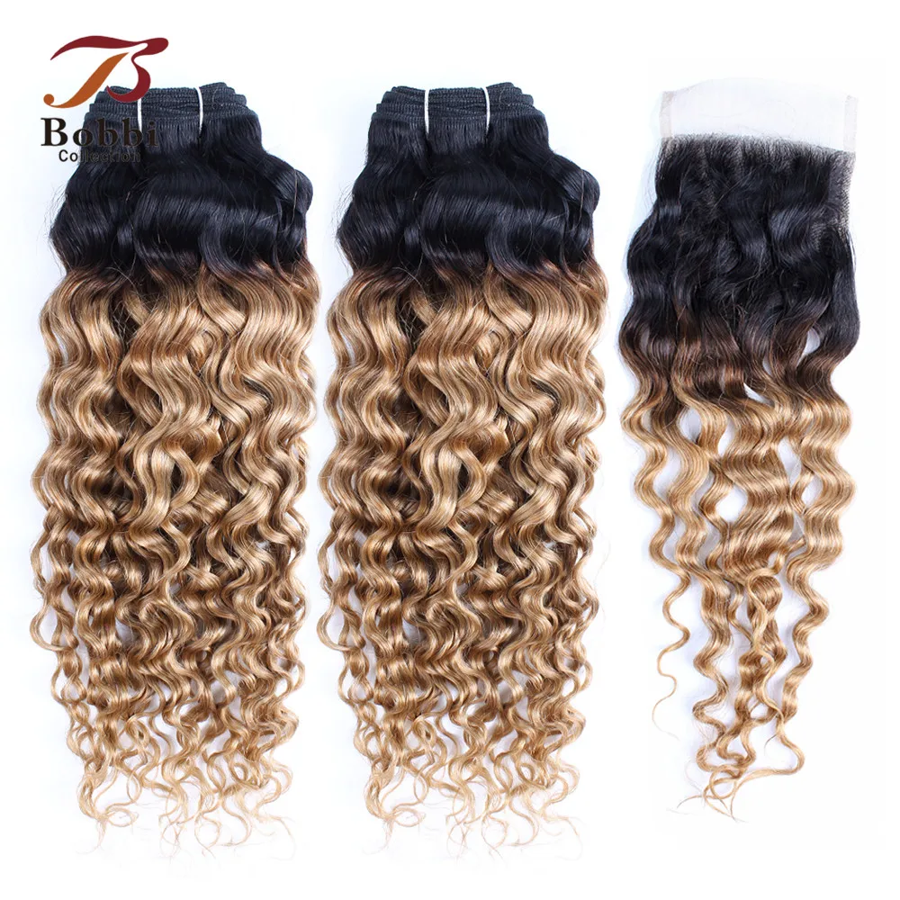 1B 27 Ombre Honey Blonde Bundles with 4x4 Lace Closure Water Wave Pre-Colored Remy Human Hair Weave Extensions Bobbi Collection