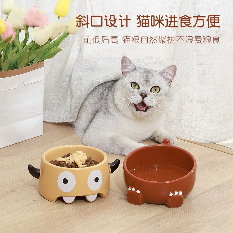 

New Ceramic Cat Bowl, Dog Bowl, Oblique Mouth, Neck Guard, Pet Food Bowl, Pet Supplies