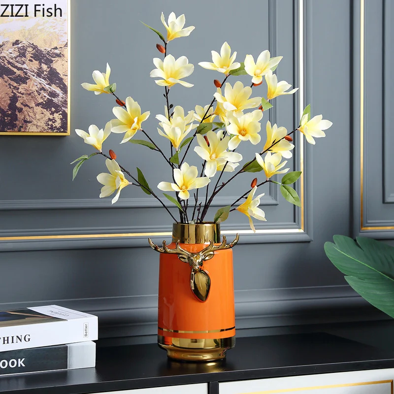 Golden Stripes Ceramic Vase Orange Flower Pot Floral Arrangement Crafts Porcelain Vases Home Decoration Accessories Modern | Дом и сад