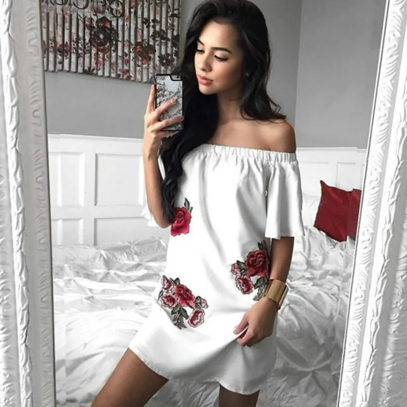 Женское летнее пляжное платье с открытыми плечами и вышивкой|Женские платья| |