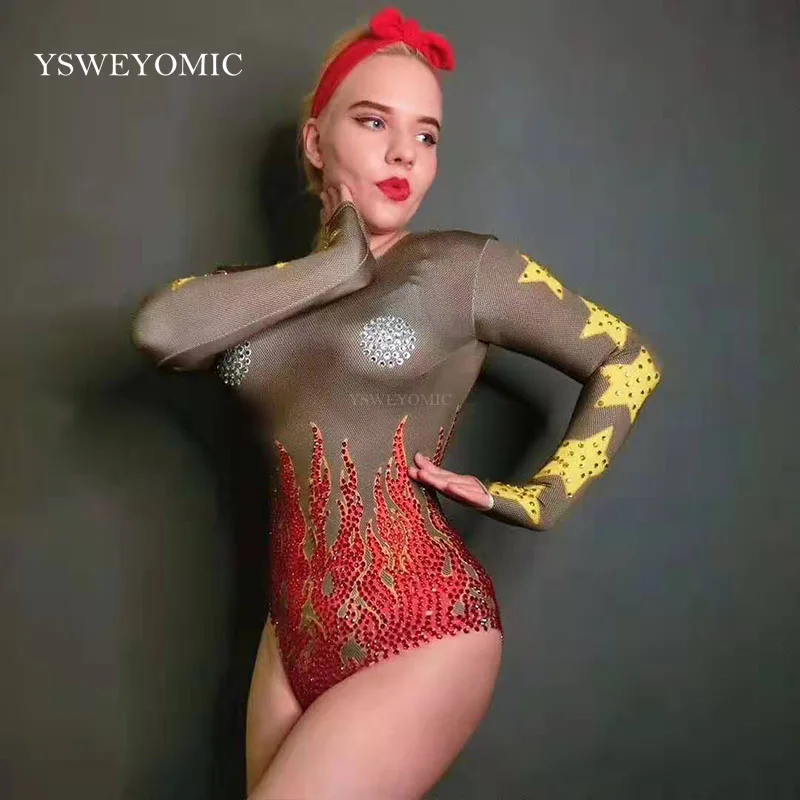 3D сексуальный огонь узор камни трико костюм певец танцор сексуальное Стразы боди
