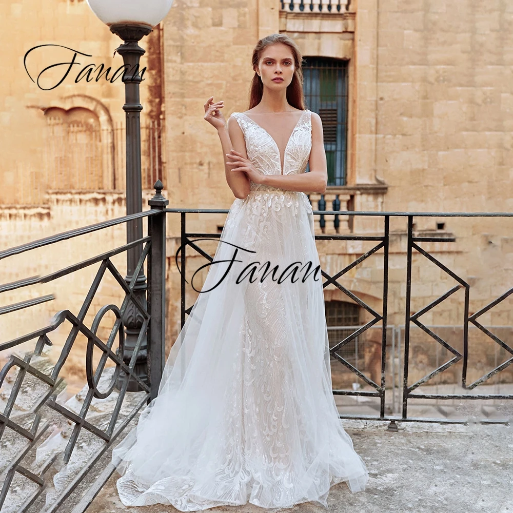 

Deep V-Neck Sleeveless Wedding Dress Mermaid Removable Skirt Beading Sequined Appliques Bridal Gown Bridal Gown Свадебное платье