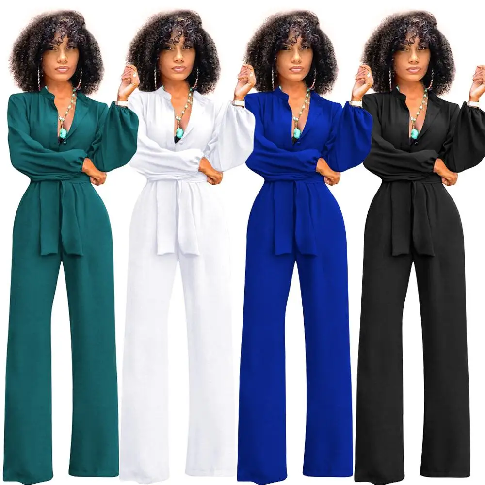 

Tmustobe Casual Bandage Jumpsuit Wide Leg Pants Women Long Sleeve Rompers Buttons Elegant V-Neck Overalls Sashes Outfits Mujer