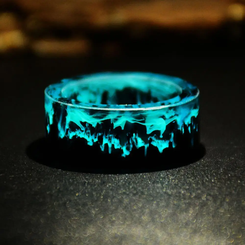 

Glow Ring Blue Resin Ring Mountains Wooden Inside Magical World For Women Men Finger Rings Halloween Christmas Jewelry Gift